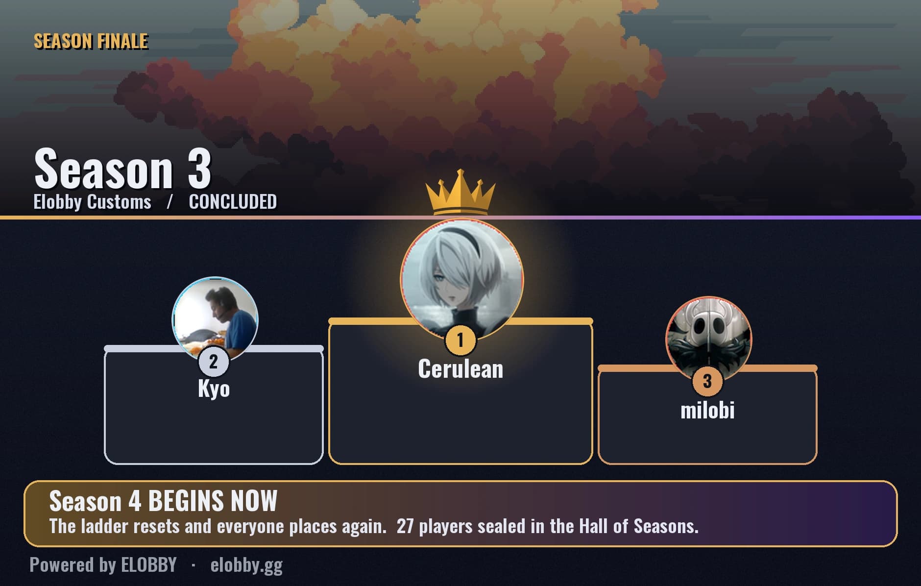 The season finale card Elobby posts in Discord: the champion crowned on the top step of a three-place podium with the runners-up either side, and the next season's kickoff banner underneath.