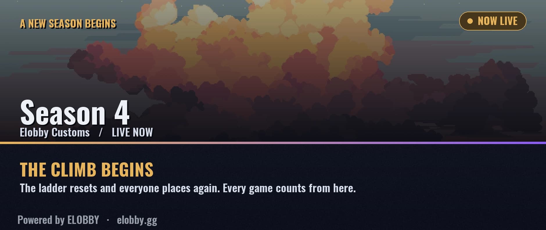 The season start card Elobby posts in Discord: the season name over its banner art, a NOW LIVE flag, and the line 'the climb begins'.