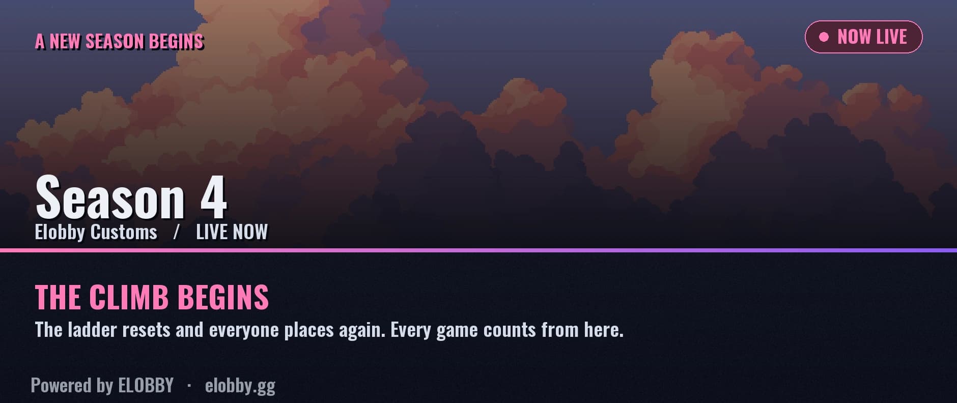 The Bloom season theme: a season start card in the Bloom colour with its own banner art.